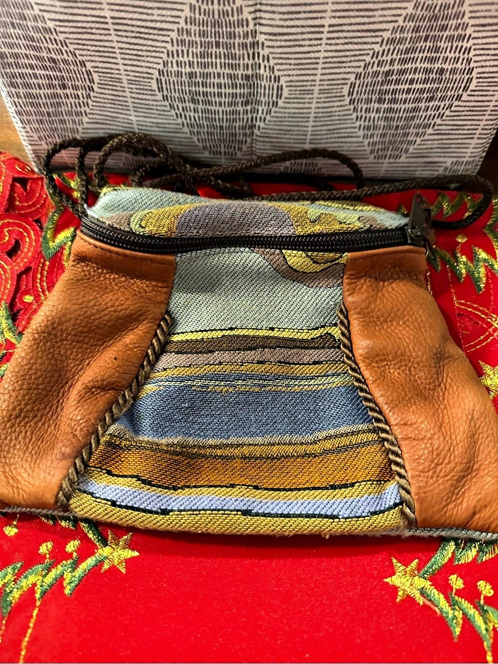 Erda Woven Leather Crossbody Bag in Brown & Blue
